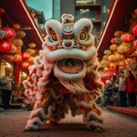 continuar o león danza espectáculo barongsai en celebracion chino lunar nuevo año festival. asiático tradicional concepto por ai generado foto