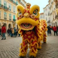 continuar o león danza espectáculo barongsai en celebracion chino lunar nuevo año festival. asiático tradicional concepto por ai generado foto