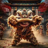 Dragon or lion dance show barongsai in celebration chinese lunar new year festival. Asian traditional concept by AI Generated photo