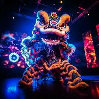 Dragon or lion dance show barongsai in celebration chinese lunar new year festival. Asian traditional concept by AI Generated photo