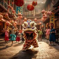 Dragon or lion dance show barongsai in celebration chinese lunar new year festival. Asian traditional concept by AI Generated photo