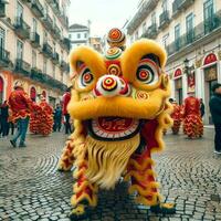 continuar o león danza espectáculo barongsai en celebracion chino lunar nuevo año festival. asiático tradicional concepto por ai generado foto