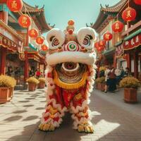 continuar o león danza espectáculo barongsai en celebracion chino lunar nuevo año festival. asiático tradicional concepto por ai generado foto