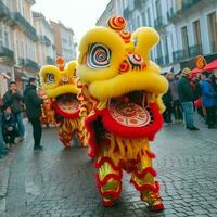 Dragon or lion dance show barongsai in celebration chinese lunar new year festival. Asian traditional concept by AI Generated photo