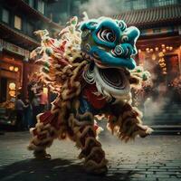 Dragon or lion dance show barongsai in celebration chinese lunar new year festival. Asian traditional concept by AI Generated photo