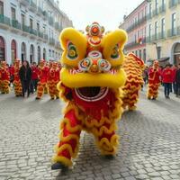 continuar o león danza espectáculo barongsai en celebracion chino lunar nuevo año festival. asiático tradicional concepto por ai generado foto