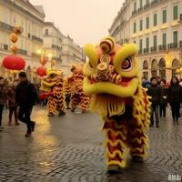 Dragon or lion dance show barongsai in celebration chinese lunar new year festival. Asian traditional concept by AI Generated photo