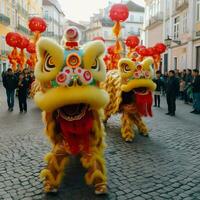 continuar o león danza espectáculo barongsai en celebracion chino lunar nuevo año festival. asiático tradicional concepto por ai generado foto