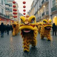 continuar o león danza espectáculo barongsai en celebracion chino lunar nuevo año festival. asiático tradicional concepto por ai generado foto