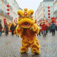 continuar o león danza espectáculo barongsai en celebracion chino lunar nuevo año festival. asiático tradicional concepto por ai generado foto