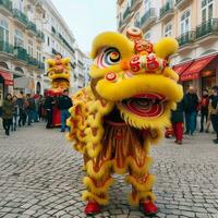 continuar o león danza espectáculo barongsai en celebracion chino lunar nuevo año festival. asiático tradicional concepto por ai generado foto