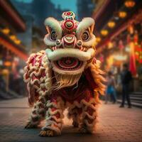 Dragon or lion dance show barongsai in celebration chinese lunar new year festival. Asian traditional concept by AI Generated photo