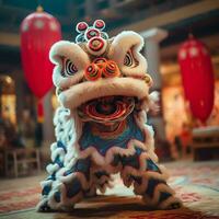 Dragon or lion dance show barongsai in celebration chinese lunar new year festival. Asian traditional concept by AI Generated photo