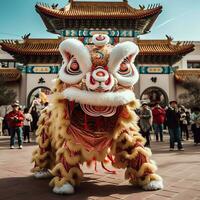 Dragon or lion dance show barongsai in celebration chinese lunar new year festival. Asian traditional concept by AI Generated photo