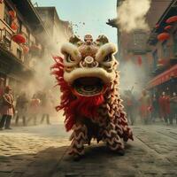 continuar o león danza espectáculo barongsai en celebracion chino lunar nuevo año festival. asiático tradicional concepto por ai generado foto