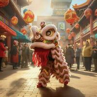 Dragon or lion dance show barongsai in celebration chinese lunar new year festival. Asian traditional concept by AI Generated photo