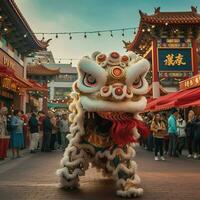 Dragon or lion dance show barongsai in celebration chinese lunar new year festival. Asian traditional concept by AI Generated photo