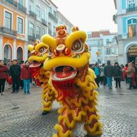 continuar o león danza espectáculo barongsai en celebracion chino lunar nuevo año festival. asiático tradicional concepto por ai generado foto