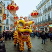 continuar o león danza espectáculo barongsai en celebracion chino lunar nuevo año festival. asiático tradicional concepto por ai generado foto