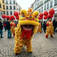 Dragon or lion dance show barongsai in celebration chinese lunar new year festival. Asian traditional concept by AI Generated photo