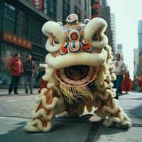 continuar o león danza espectáculo barongsai en celebracion chino lunar nuevo año festival. asiático tradicional concepto por ai generado foto