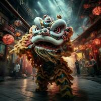 Dragon or lion dance show barongsai in celebration chinese lunar new year festival. Asian traditional concept by AI Generated photo