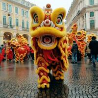 continuar o león danza espectáculo barongsai en celebracion chino lunar nuevo año festival. asiático tradicional concepto por ai generado foto