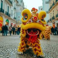 continuar o león danza espectáculo barongsai en celebracion chino lunar nuevo año festival. asiático tradicional concepto por ai generado foto