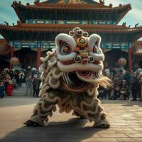 Dragon or lion dance show barongsai in celebration chinese lunar new year festival. Asian traditional concept by AI Generated photo