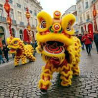 Dragon or lion dance show barongsai in celebration chinese lunar new year festival. Asian traditional concept by AI Generated photo