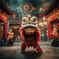 Dragon or lion dance show barongsai in celebration chinese lunar new year festival. Asian traditional concept by AI Generated photo