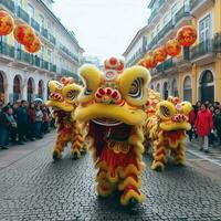 continuar o león danza espectáculo barongsai en celebracion chino lunar nuevo año festival. asiático tradicional concepto por ai generado foto