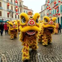 Dragon or lion dance show barongsai in celebration chinese lunar new year festival. Asian traditional concept by AI Generated photo