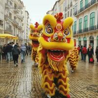 continuar o león danza espectáculo barongsai en celebracion chino lunar nuevo año festival. asiático tradicional concepto por ai generado foto