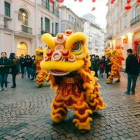 continuar o león danza espectáculo barongsai en celebracion chino lunar nuevo año festival. asiático tradicional concepto por ai generado foto