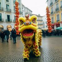 continuar o león danza espectáculo barongsai en celebracion chino lunar nuevo año festival. asiático tradicional concepto por ai generado foto