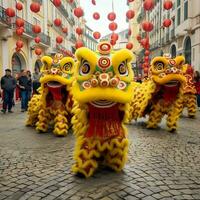 continuar o león danza espectáculo barongsai en celebracion chino lunar nuevo año festival. asiático tradicional concepto por ai generado foto