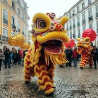 Dragon or lion dance show barongsai in celebration chinese lunar new year festival. Asian traditional concept by AI Generated photo