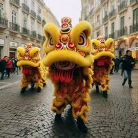 continuar o león danza espectáculo barongsai en celebracion chino lunar nuevo año festival. asiático tradicional concepto por ai generado foto