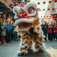 Dragon or lion dance show barongsai in celebration chinese lunar new year festival. Asian traditional concept by AI Generated photo