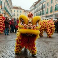 Dragon or lion dance show barongsai in celebration chinese lunar new year festival. Asian traditional concept by AI Generated photo