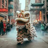 Dragon or lion dance show barongsai in celebration chinese lunar new year festival. Asian traditional concept by AI Generated photo