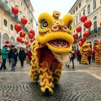 continuar o león danza espectáculo barongsai en celebracion chino lunar nuevo año festival. asiático tradicional concepto por ai generado foto