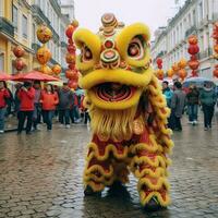 continuar o león danza espectáculo barongsai en celebracion chino lunar nuevo año festival. asiático tradicional concepto por ai generado foto