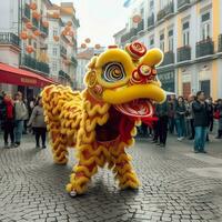 Dragon or lion dance show barongsai in celebration chinese lunar new year festival. Asian traditional concept by AI Generated photo