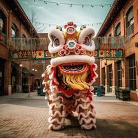 continuar o león danza espectáculo barongsai en celebracion chino lunar nuevo año festival. asiático tradicional concepto por ai generado foto