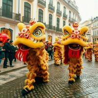 Dragon or lion dance show barongsai in celebration chinese lunar new year festival. Asian traditional concept by AI Generated photo