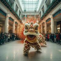 continuar o león danza espectáculo barongsai en celebracion chino lunar nuevo año festival. asiático tradicional concepto por ai generado foto