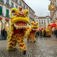 Dragon or lion dance show barongsai in celebration chinese lunar new year festival. Asian traditional concept by AI Generated photo