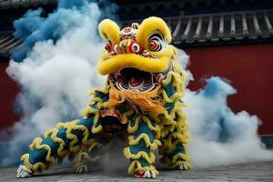 continuar o león danza espectáculo barongsai en celebracion chino lunar nuevo año festival. asiático tradicional concepto por ai generado foto